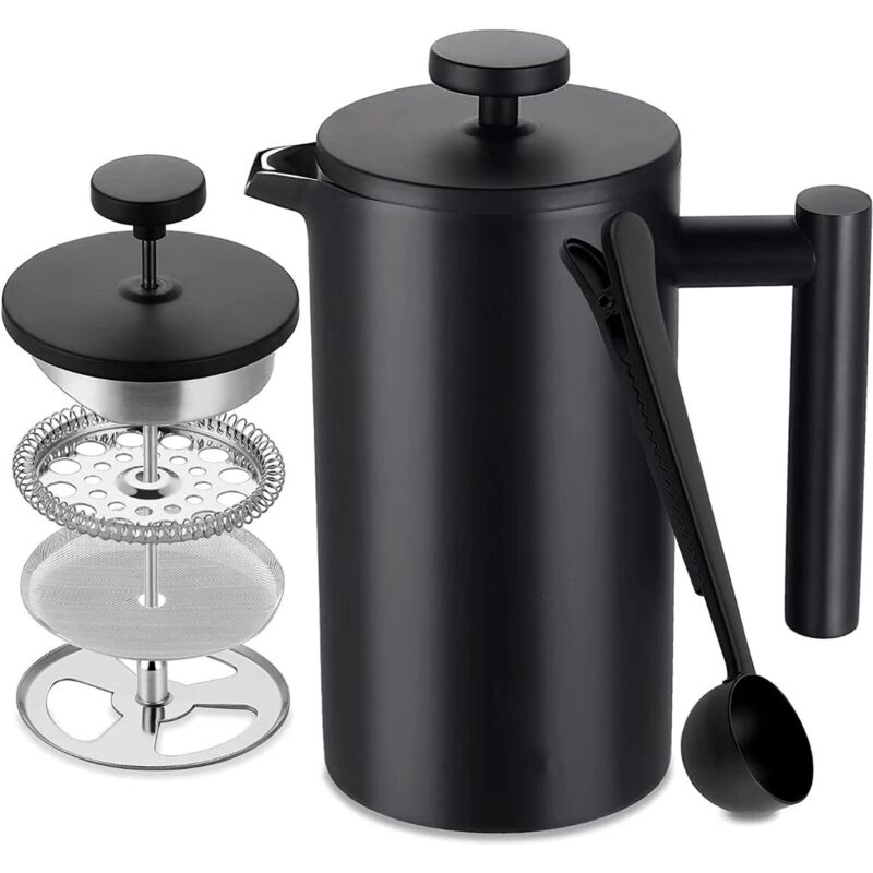 foto del prodotto caffettiera a pressa francese in acciaio inossidabile, isolamento a doppia parete da 1 litro, parete interna con cautela, con 5 filtri per caff e