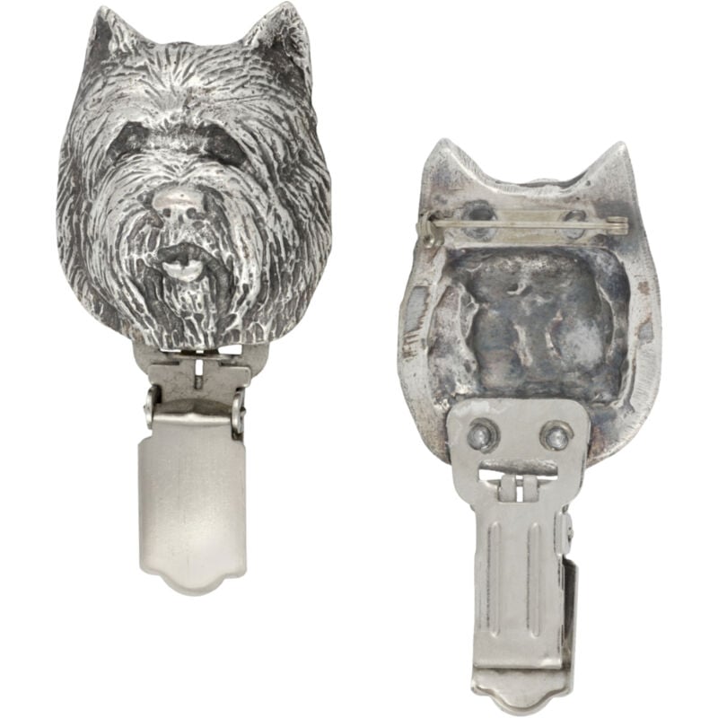 foto del prodotto cairn terrier spilla con clip, porta numero di partenza, distintivo argentato per esposizioni canine di art dog