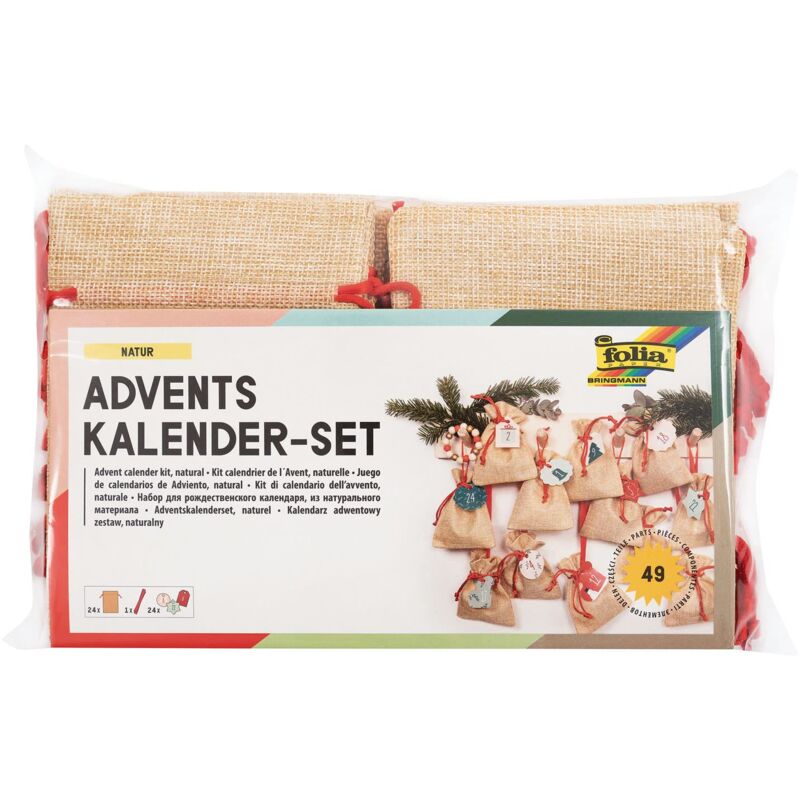 foto del prodotto calendario sacchettino effetto iuta, corda da 2 m, bustine da 10 x 13 cm e 24 ciondoli a forma di numero, per piccole sorprese nell avvento,