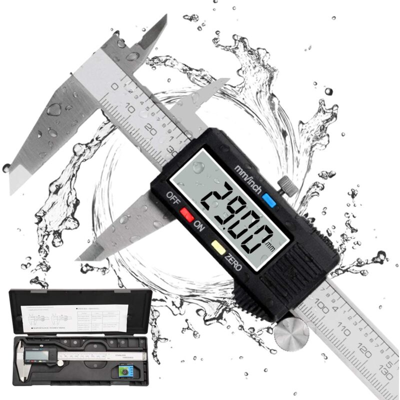 foto del prodotto calibro a corsoio, display lcd in acciaio inossidabile da 150 mm, precisione regolabile 0,01 mm, conversione mm pollici, misurazione industriale