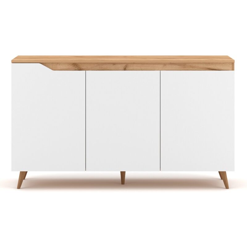 foto del prodotto calicosy credenza bassa scandinava a 3 ante l140 cm effetto bianco e legno