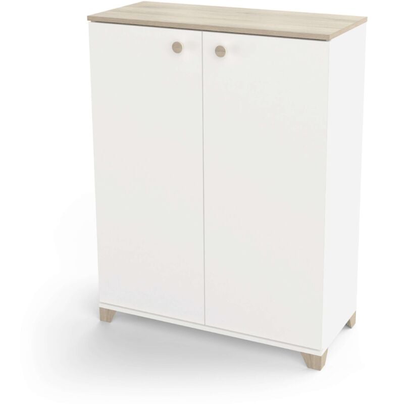 foto del prodotto calicosy credenza piccola izzy con ante a soffietto in bianco opaco e rovere kronoberg 104x80x35 cm