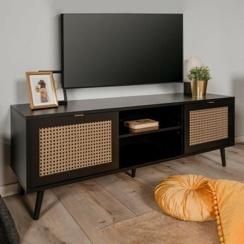 foto del prodotto calicosy mobile porta tv 2 ante e vano a giorno con frontali effetto vimini vienna56a colore nero
