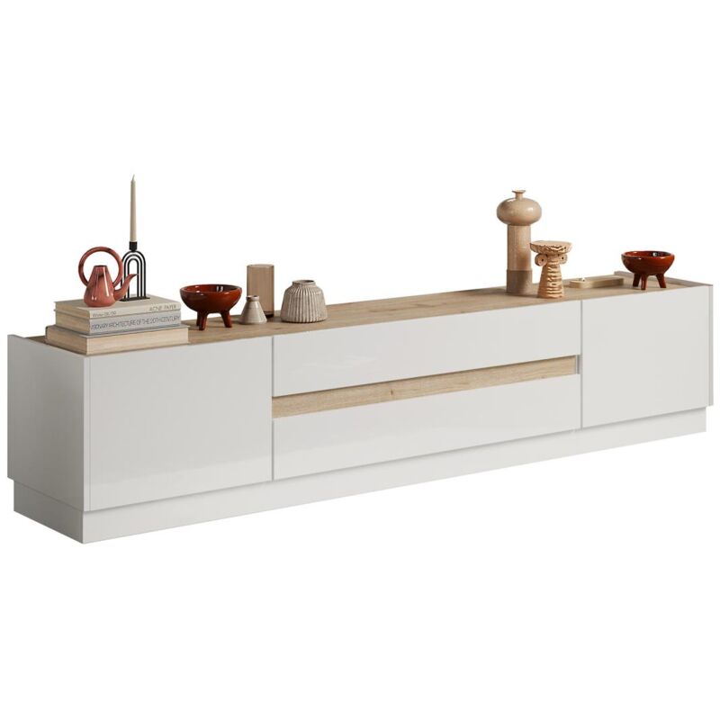 foto del prodotto calicosy mobile tv con 2 ante e 2 cassetti bianco laccato e naturale emora