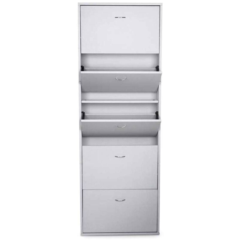 foto del prodotto calicosy scarpiera, armadio portascarpe a 5 ante a ribalta, scarpiera alta da ingresso, scarpiera moderna, cm 70x17h180, bianco lucido