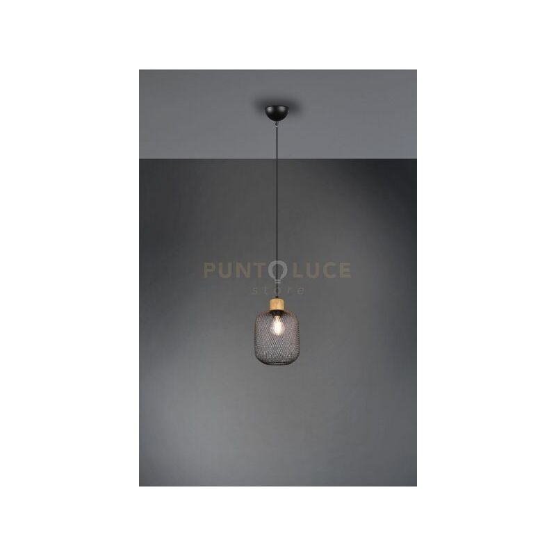 foto del prodotto calimero sospensione rete metallo nero con particolare in legno naturale d. 18cm 1 luce attacco e27