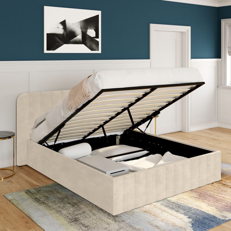 foto del prodotto cama de matrimonio alba con cabecero de terciopelo beige 140 x 190 cm