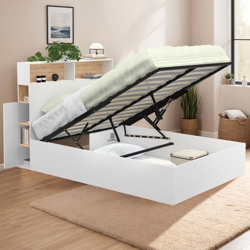 foto del prodotto cama de matrimonio clyde con cabecero y almacenaje 140 x 190 cm blanco y haya