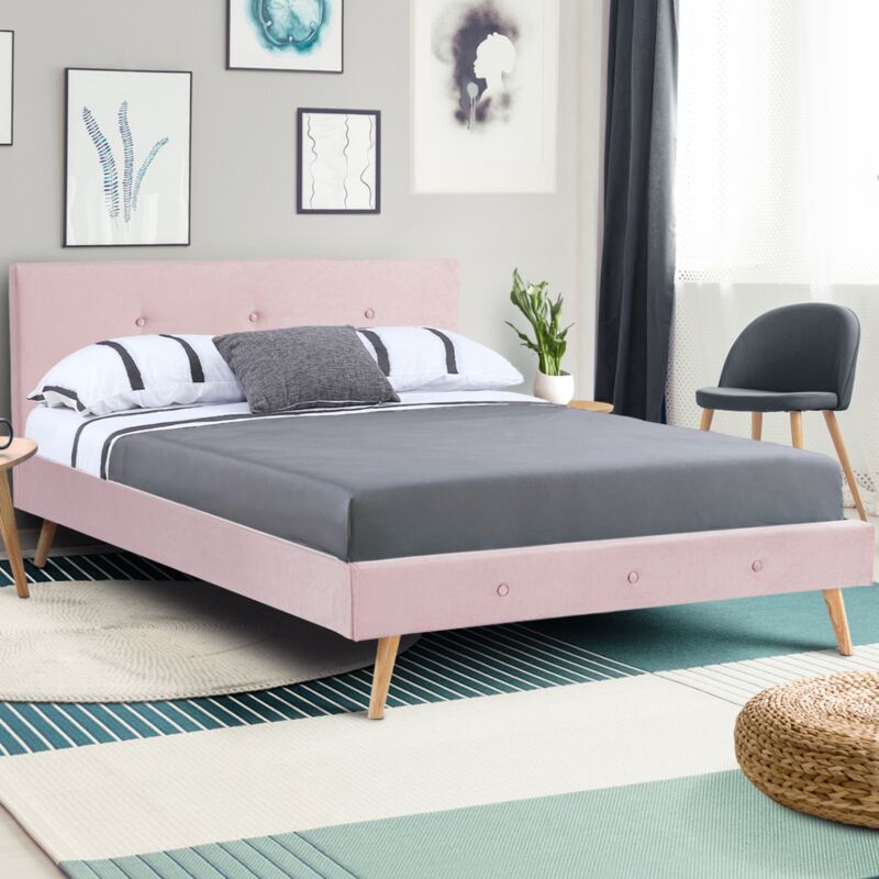 foto del prodotto cama doble escandinava oslo 140 x 190 cm tejido efecto terciopelo rosa claro