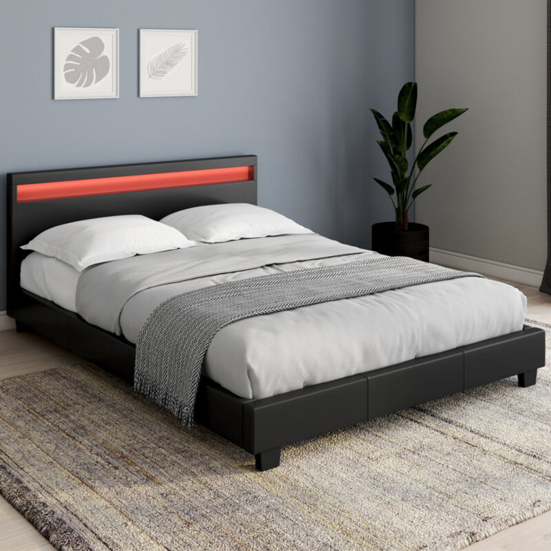 foto del prodotto cama doble neo 140 x 190 cm pvc negro con somier y led integrados