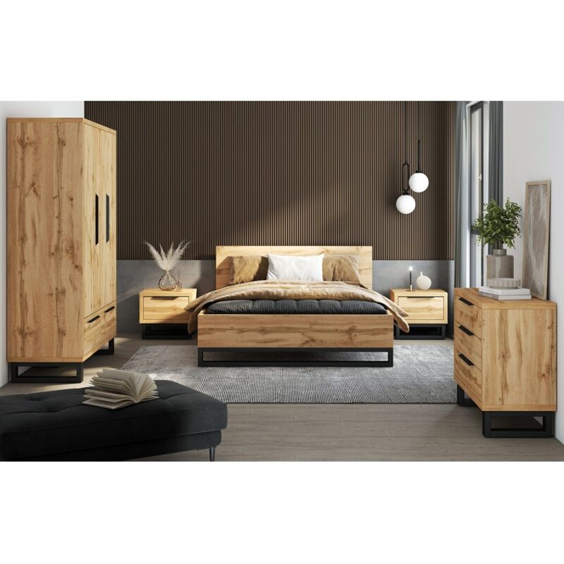 foto del prodotto camera completa in stile industriale collezione milos armadio a 3 ante, letto 180x200, cassettiera, comodini, rovere grezzo e nero.