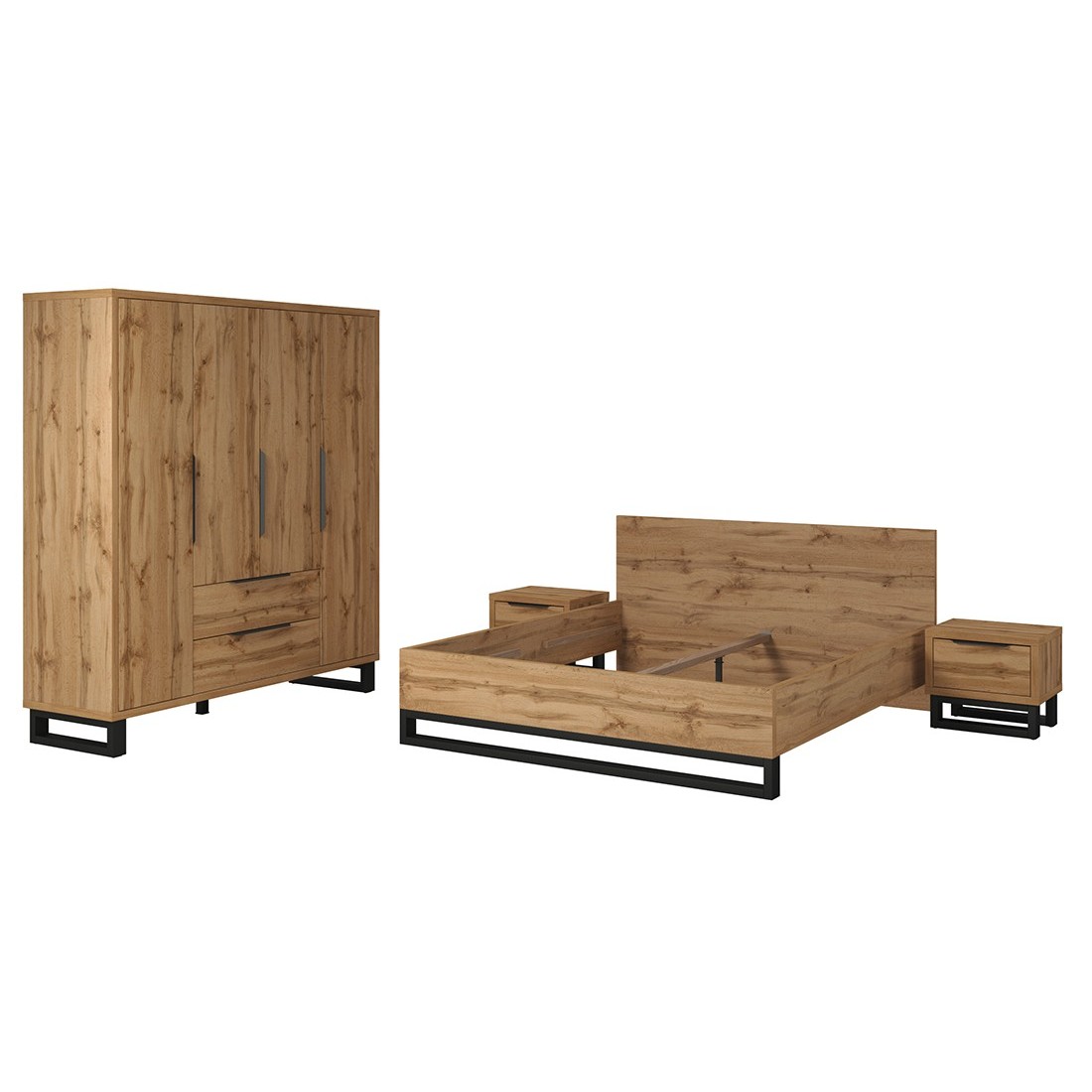 foto del prodotto camera completa industriale milos armadio 4 porte, letto 180x200, cassettiera, comodini, rovere grezzo nero