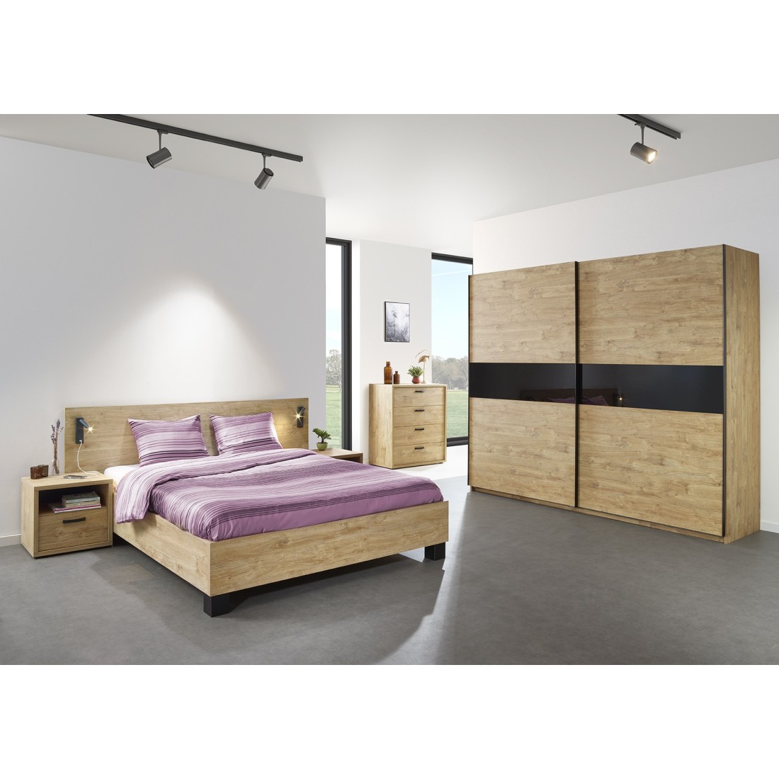 foto del prodotto camera da letto collezione morgane armadio 200 cm, letto con applique 140x200, cassettiera, comodini, quercia dorata e nera.