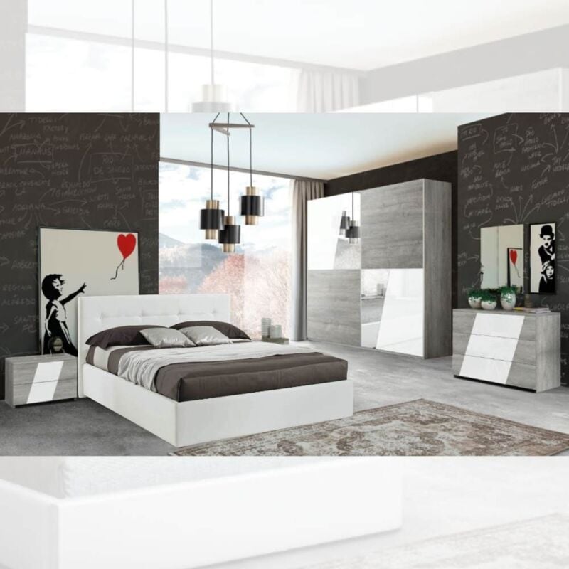 foto del prodotto camera da letto completa colore grigio e bianco lucido mania