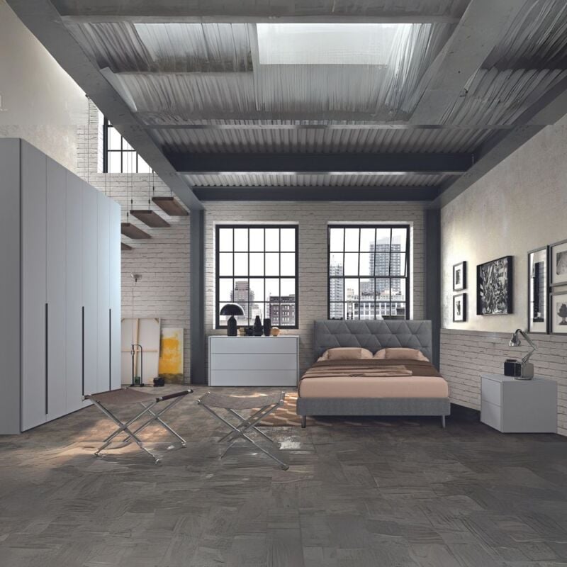 foto del prodotto camera da letto completa con letto contenitore colore grigio frassinato piera