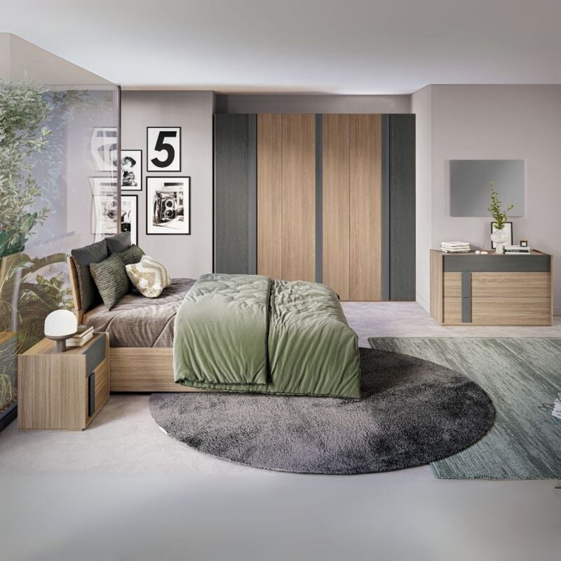 foto del prodotto camera da letto completa con letto contenitore e armadio 6 ante battenti colore grigio e noce faba