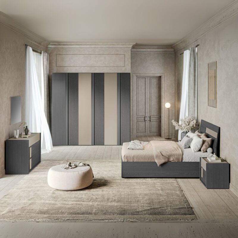 foto del prodotto camera da letto completa con letto contenitore e armadio 6 ante battenti colore grigio e talco faba