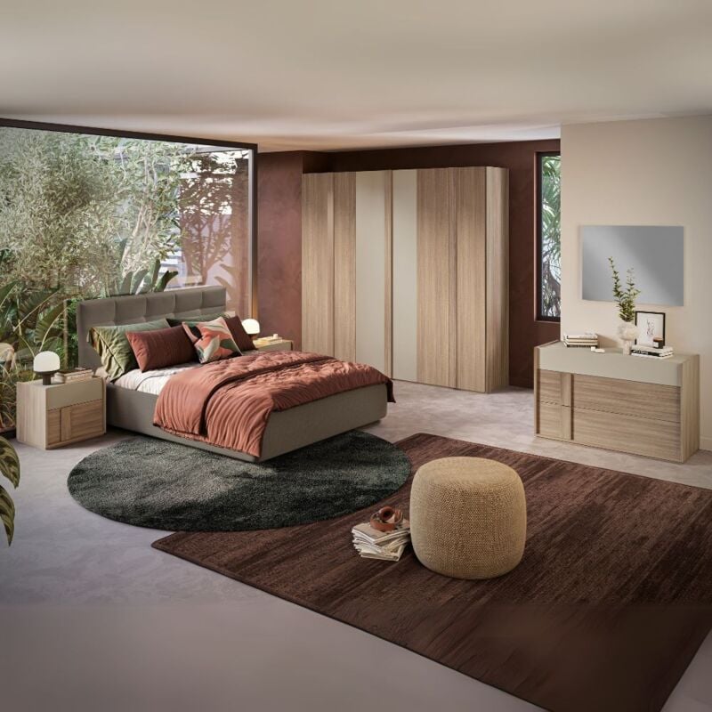 foto del prodotto camera da letto completa con letto contenitore e armadio 6 ante battenti colore noce e talco faba
