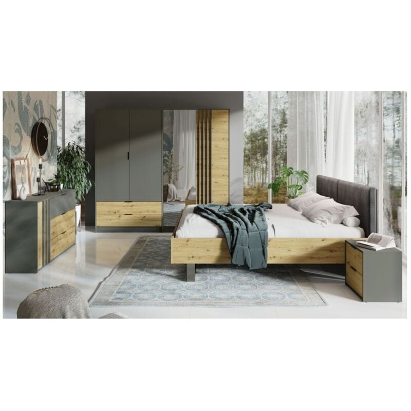 foto del prodotto camera da letto completa design izo armadio, letto 180x200, cassettiera, comodini, rovere grigio antracite