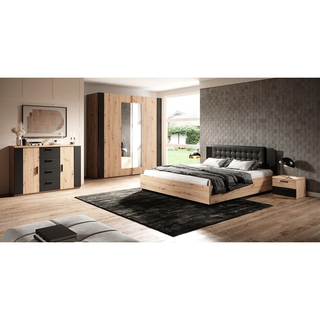 foto del prodotto camera da letto completa fox armadio 200cm, letto 160x200, comò, comodini. colore rovere chiaro e nero.