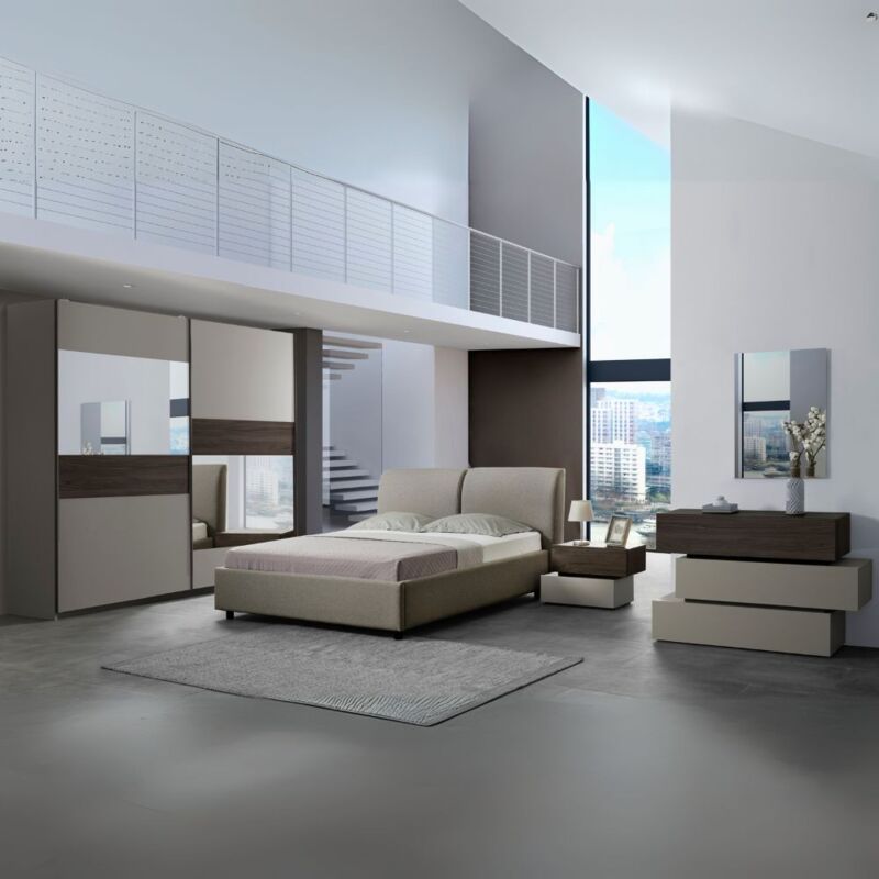 foto del prodotto camera da letto con armadio 2 ante scorrevoli specchi e letto contenitore colore tortora e noce kendra