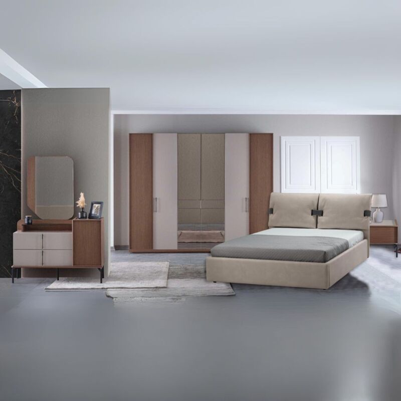 foto del prodotto camera da letto con letto contenitore e armadio con specchi colore beige e kaplan vega