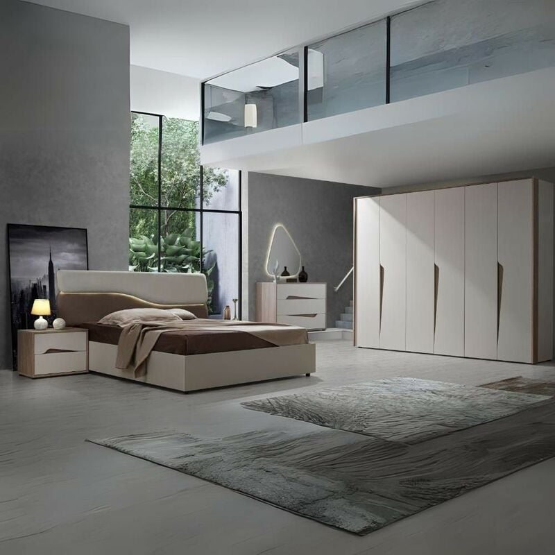 foto del prodotto camera da letto con letto contenitore soleil colore cashmere e olmo biscotto