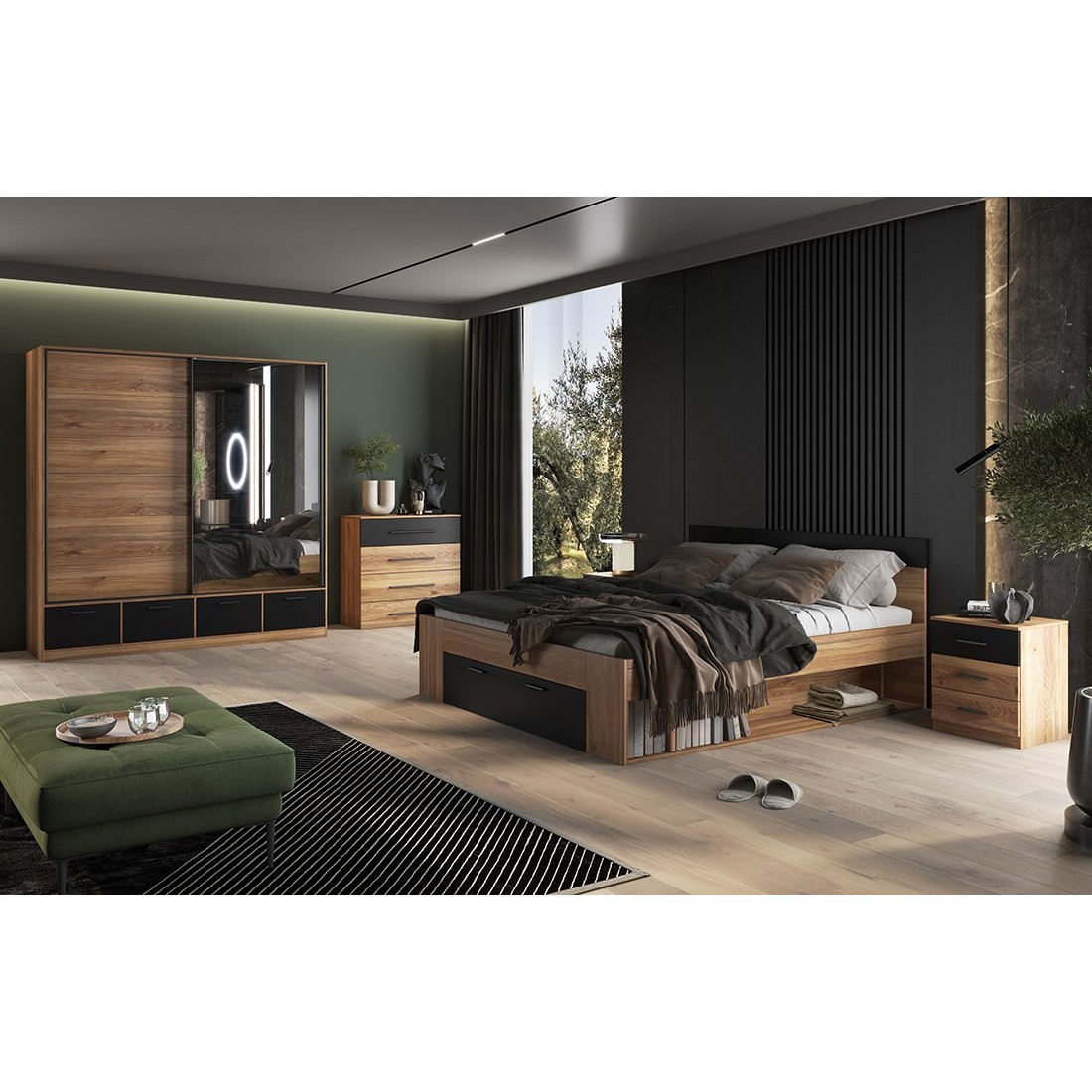 foto del prodotto camera da letto design collezione eos armadio, letto 180x200, com , comodini. colore rovere chiaro e nero.