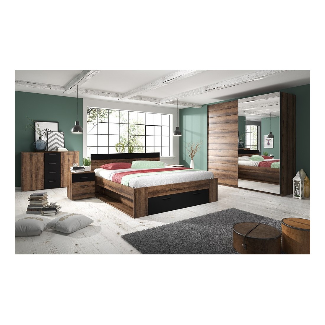 foto del prodotto camera da letto eos armadio 2 metri, letto 180x200, cassettiera, comodini. colore quercia scura e nero.