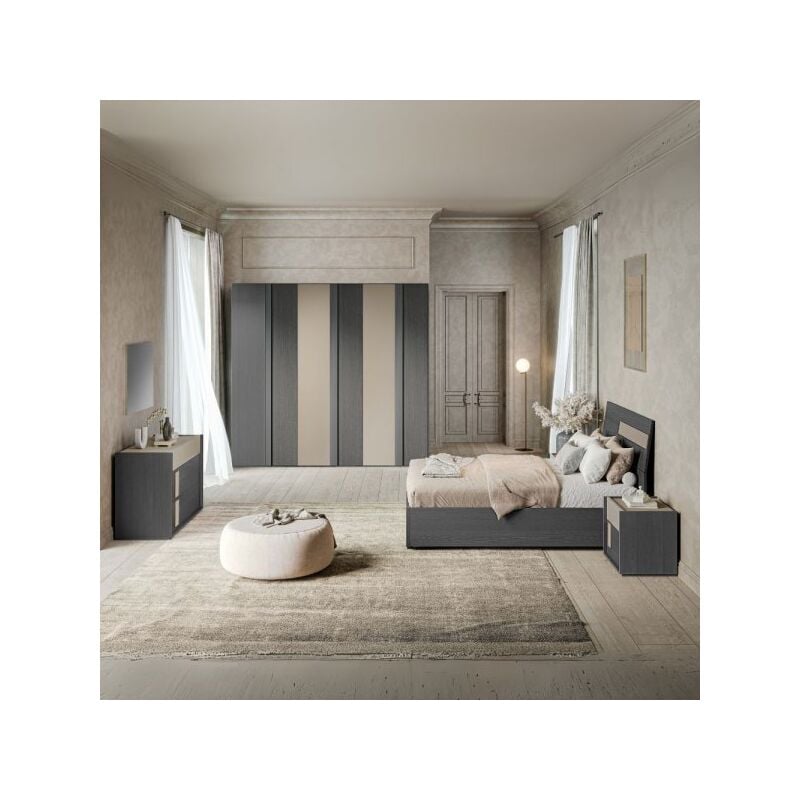 foto del prodotto camera da letto faba con armadio 6 ante battenti in grigio e talco e letto contenitore in legno colore grigio e dettaglio talco