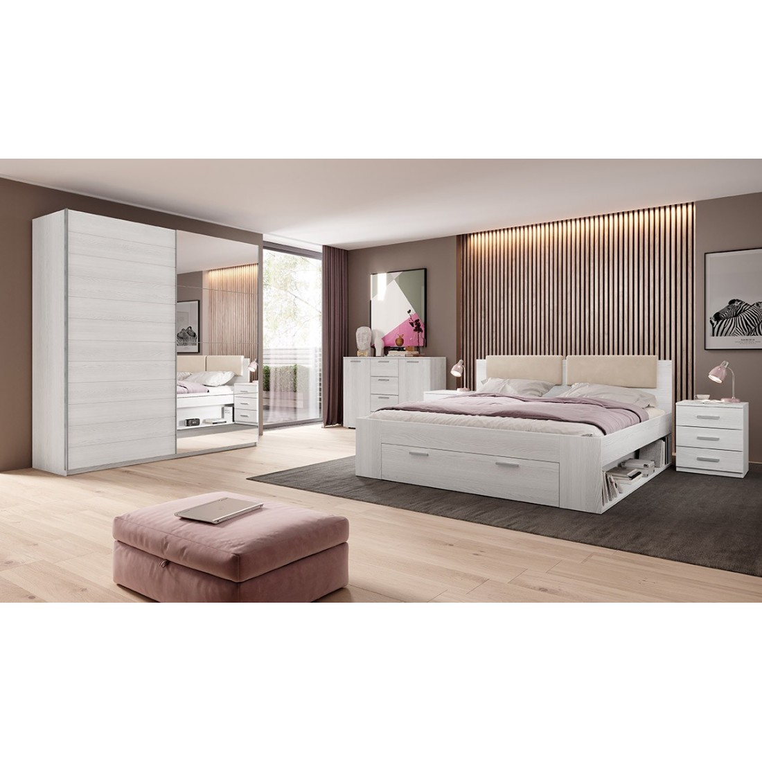 foto del prodotto camera da letto floyd armadio 200cm, letto 180x200, cassettiera, comodini. colore bianco effetto legno.