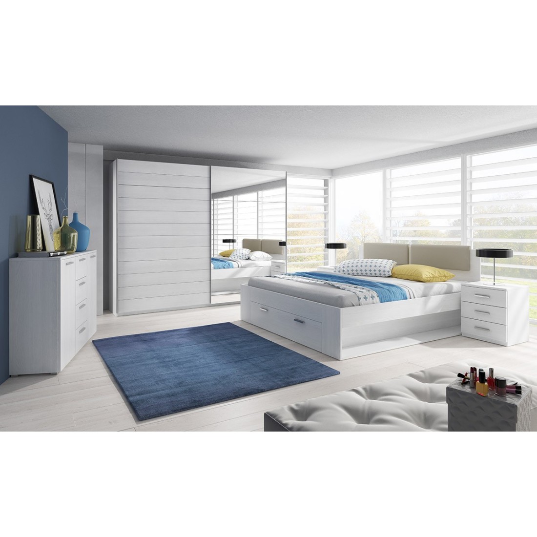 foto del prodotto camera da letto floyd armadio 220cm, letto 180x200, cassettiera, comodini. colore bianco effetto legno.