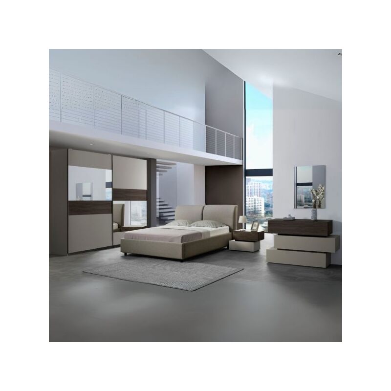 foto del prodotto camera da letto kendra con letto contenitore imbottito e armadio 2 ante scorrevoli con specchi colore tortora noce
