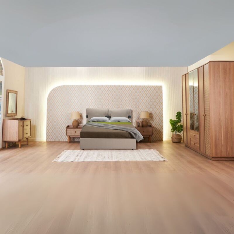 foto del prodotto camera da letto natura colore rovere miele effetto vimini e armadio a specchio