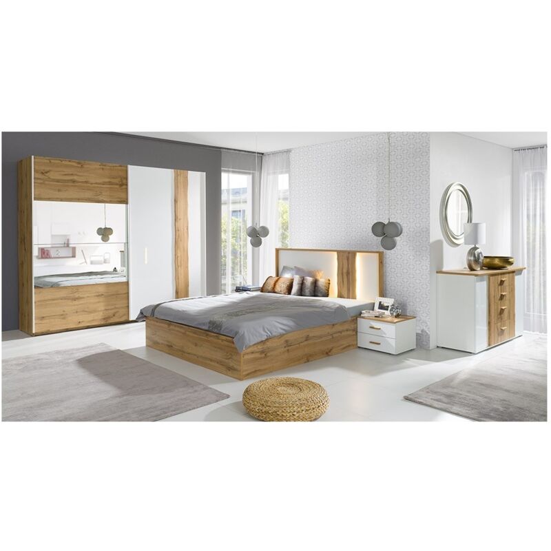 foto del prodotto camera wood color rovere e bianco con letto 160x200 led, com , comodini e armadio.