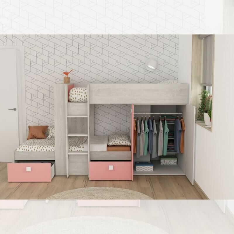 foto del prodotto cameretta 1267 con letto a castello con due cassettoni e armadio colore bianco consumato e rosa flamingo