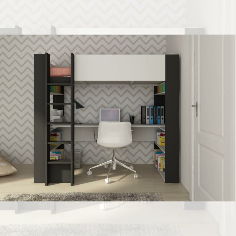 foto del prodotto cameretta 1651 con letto a soppalco e scrivania sottostante colore bianco e antracite