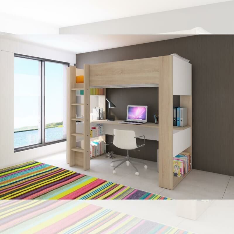 foto del prodotto cameretta 1652 con letto a soppalco e scrivania sottostante colore bianco e rovere