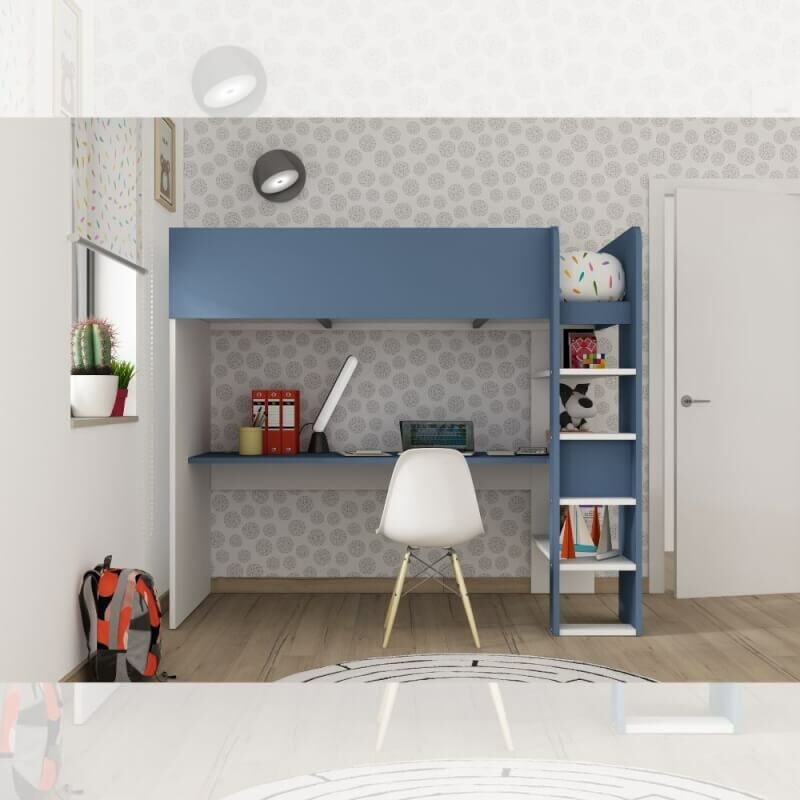 foto del prodotto cameretta 2276 con letto a soppalco con scrivania sottostante colore bianco e azzurro