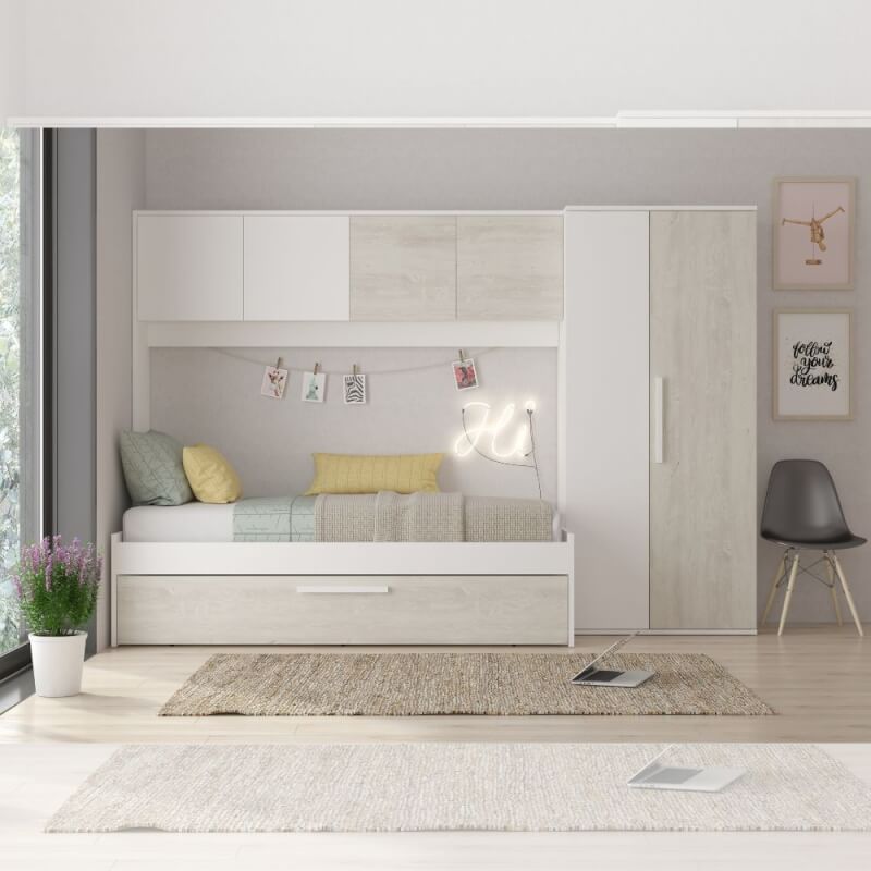 foto del prodotto cameretta a ponte 6006 con letto estraibile e armadio colore bianco consumato e bianco