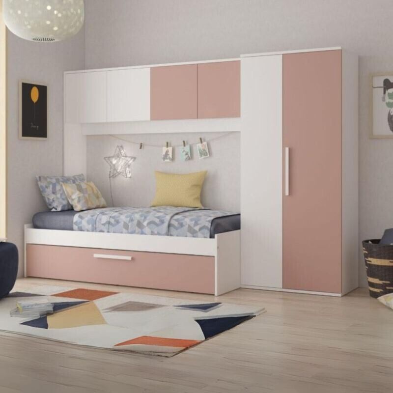 foto del prodotto cameretta a ponte con letto estraibile colore bianco e rosa antico pinky