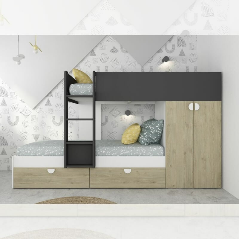 foto del prodotto cameretta con letto a castello con cassettoni e armadio colore rovere e antracite