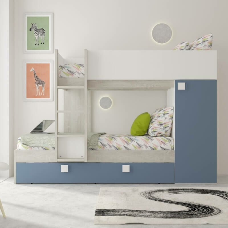 foto del prodotto cameretta con letto a castello e letto estraibile con armadio integrato colore bianco consumato e azzurro