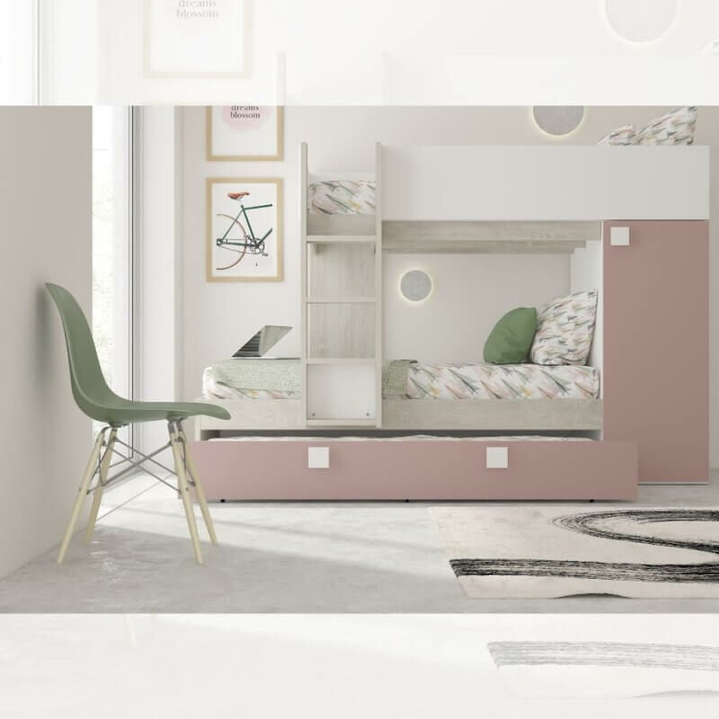 foto del prodotto cameretta con letto a castello e letto estraibile con armadio integrato colore bianco consumato e rosa antico