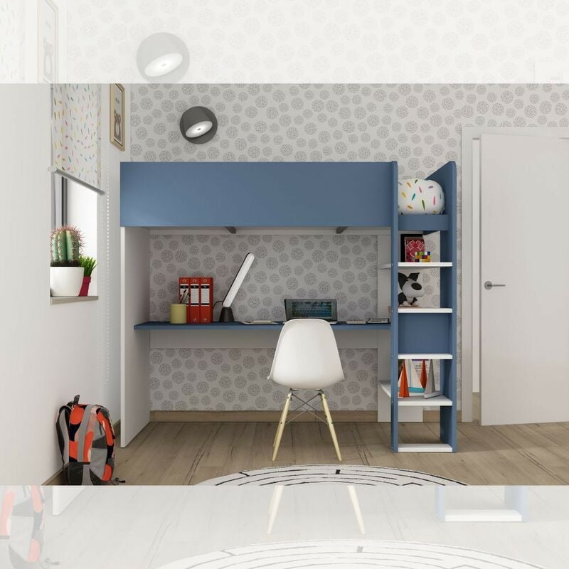 foto del prodotto cameretta con letto a soppalco e scrivania sottostante colore bianco e azzurro