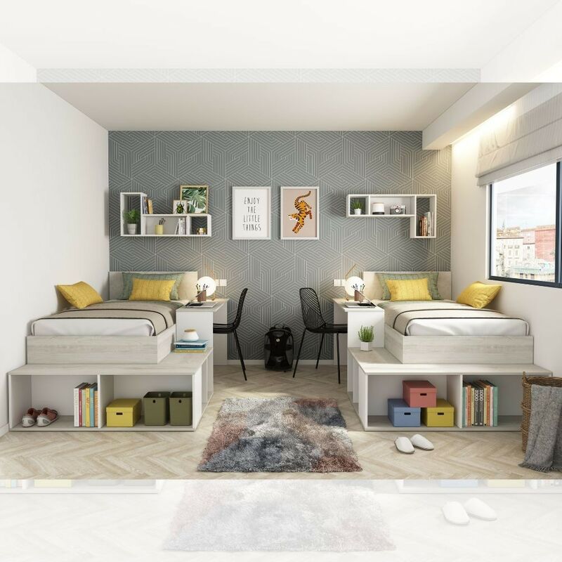 foto del prodotto cameretta con letto singolo e scrivania colore bianco consumato e bianco