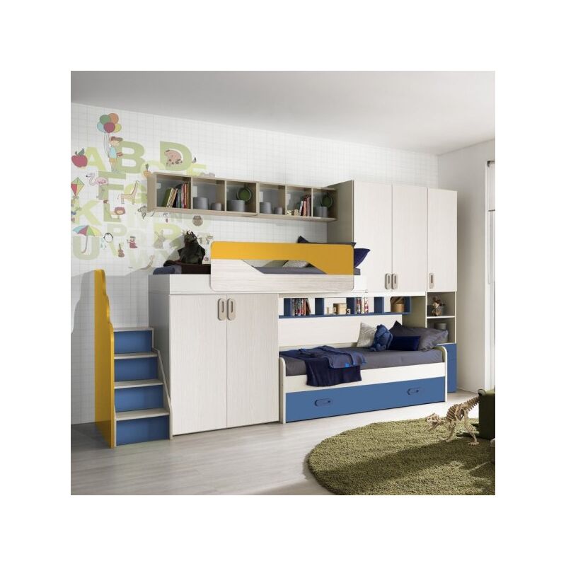 foto del prodotto cameretta soppalco milly con 3 letti colore kiri avio giallo