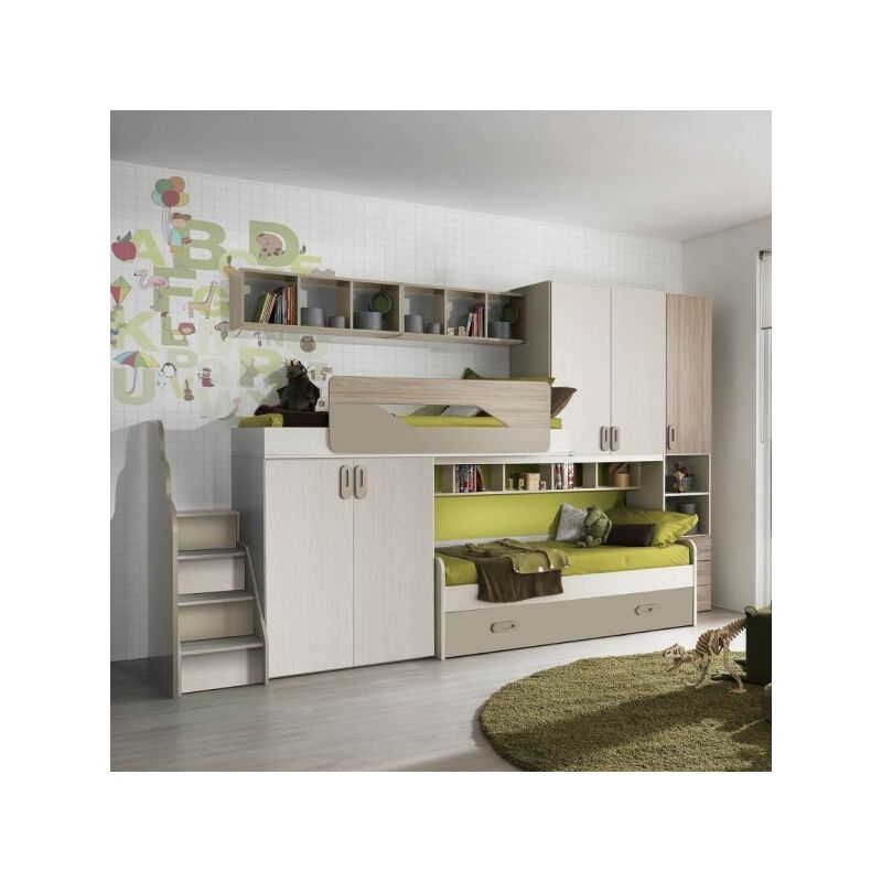 foto del prodotto cameretta soppalco milly con 3 letti colore talco verde e brown