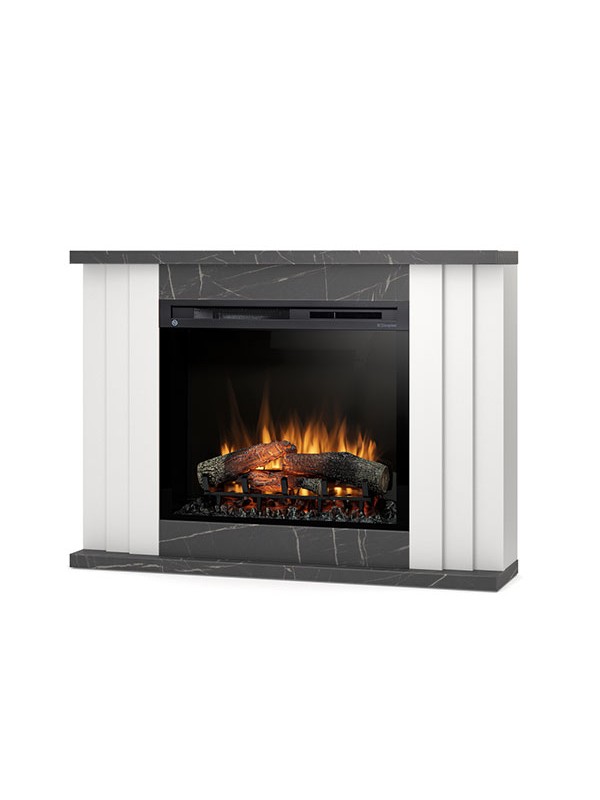 foto del prodotto caminetto elettrico a libera installazione a led mod. paria 28 quot colore bianco opaco marmo nero 118 x 86 x 27,5