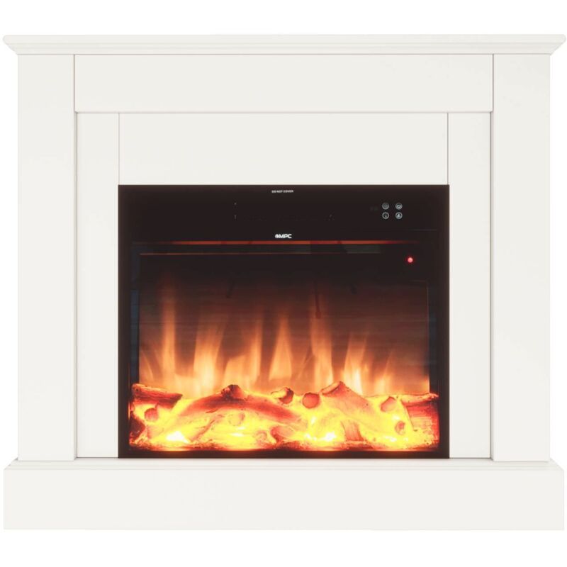 foto del prodotto caminetto elettrico da pavimento mpc camillo bianco 100cm rivestimento in legno bianco 750w1500w effetto fiamma led ultra realistico termostato